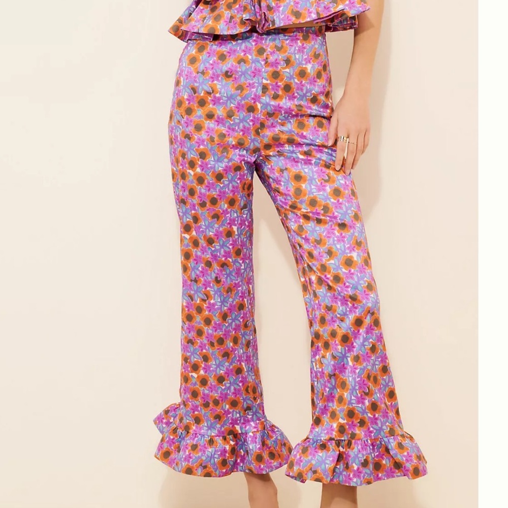 NWOT CeliaB Trilha Floral Purple Orange Flare Pants with Ruffle Hem Size XS - Picture 11 of 12
